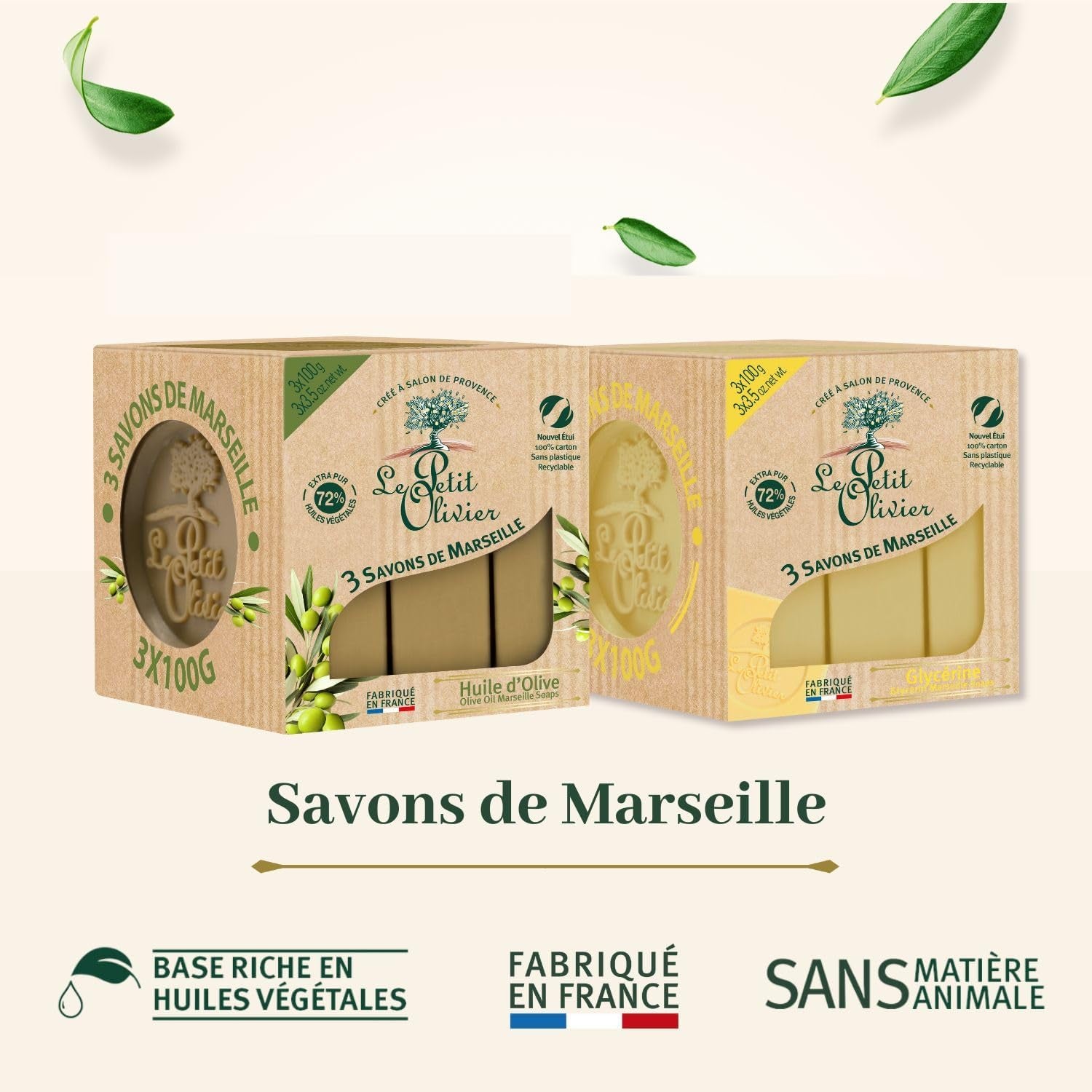 - 3 Savons De Marseille - Huile D'Olive - Parfum De La Région De Grasse - Nettoient La Peau En Douceur - Fabriqué En France - 3X100G
