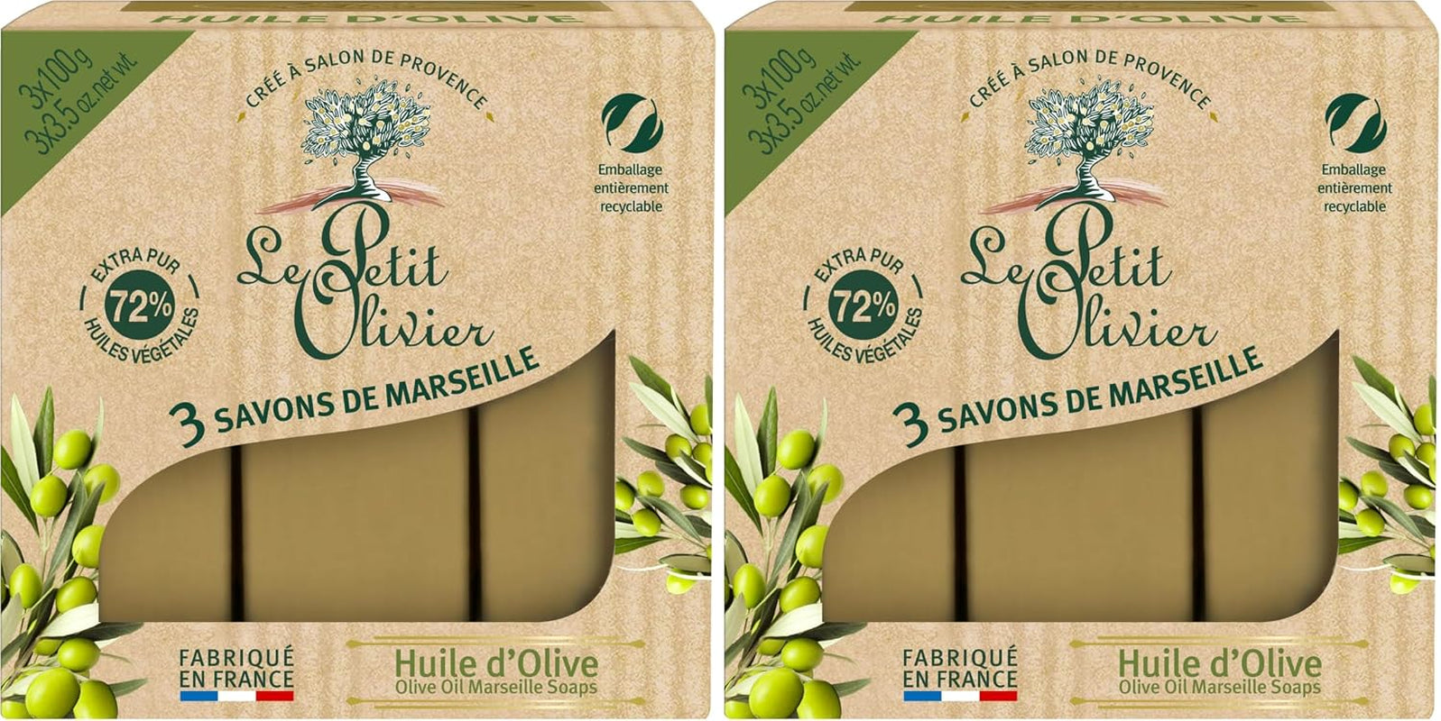 - 3 Savons De Marseille - Huile D'Olive - Parfum De La Région De Grasse - Nettoient La Peau En Douceur - Fabriqué En France - 3X100G (Lot De 2)