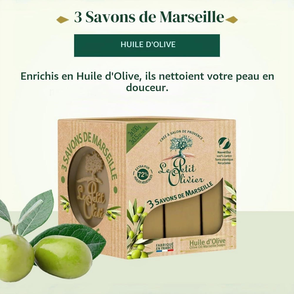 - 3 Savons De Marseille - Huile D'Olive - Parfum De La Région De Grasse - Nettoient La Peau En Douceur - Fabriqué En France - 3X100G (Lot De 2)