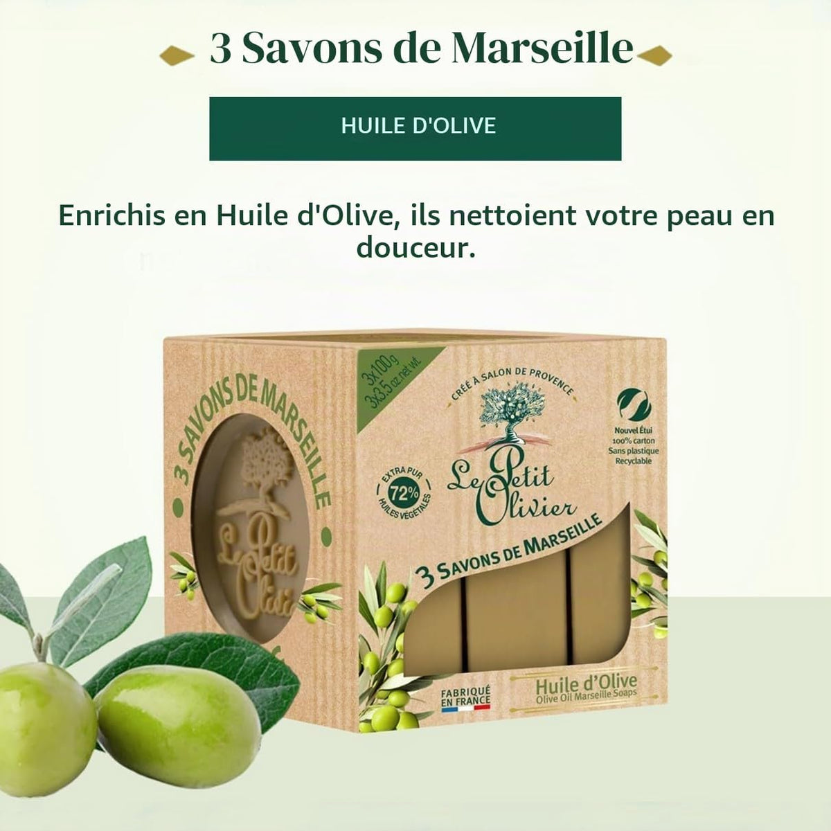 - 3 Savons De Marseille - Huile D'Olive - Parfum De La Région De Grasse - Nettoient La Peau En Douceur - Fabriqué En France - 3X100G (Lot De 2)