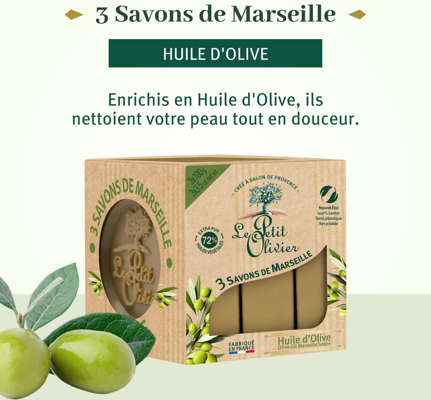 - 3 Savons De Marseille - Huile D'Olive - Parfum De La Région De Grasse - Nettoient La Peau En Douceur - Fabriqué En France - 3X100G