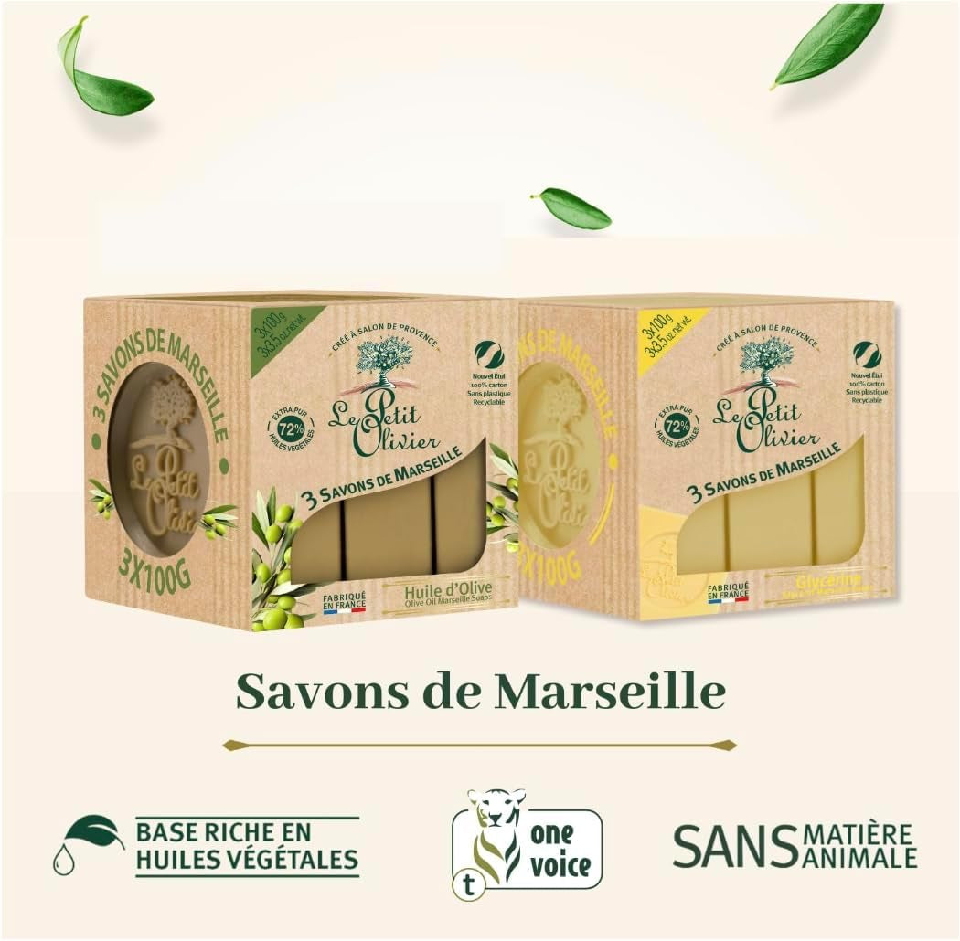 - 3 Savons De Marseille - Huile D'Olive - Parfum De La Région De Grasse - Nettoient La Peau En Douceur - Fabriqué En France - 3X100G (Lot De 2)