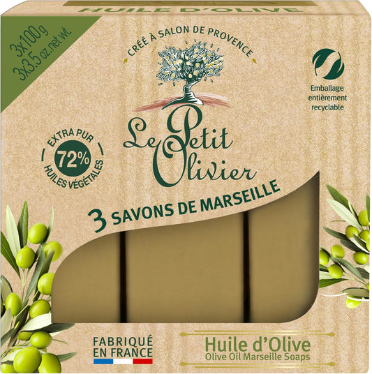 - 3 Savons De Marseille - Huile D'Olive - Parfum De La Région De Grasse - Nettoient La Peau En Douceur - Fabriqué En France - 3X100G
